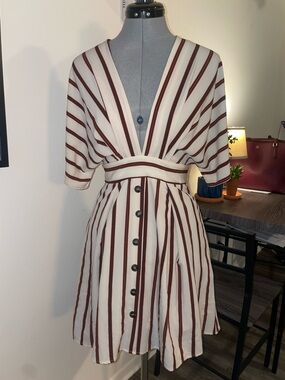 Striped Cream & Deep Red V-Neck Mini Dress